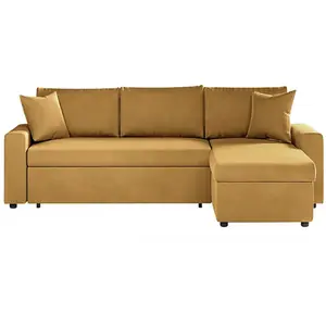 LOUNGITUDE Canapé d'angle MARIA réversible et convertible avec coffre en velours - Jaune ocre pas cher