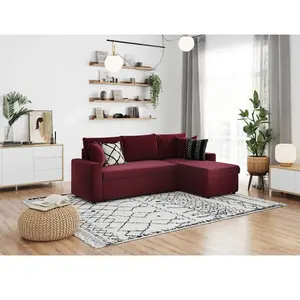 LOUNGITUDE Canapé d'angle MARIA réversible et convertible avec coffre en velours - Bordeaux pas cher