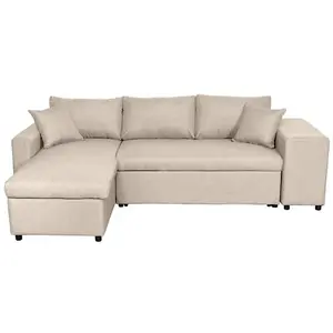 LOUNGITUDE Canapé d'angle OSLO convertible avec coffre et poufs droit en tissu beige pas cher