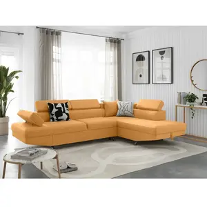 Canapé d'angle convertible RIO en tissu - Jaune ocre - LOUNGITUDE - Angle droit - 5 places - Coffre de rangement pas cher