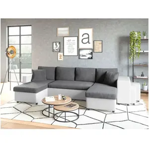 LOUNGITUDE Canapé panoramique OSLO convertible avec coffres, poufs à droite en simili blanc et microfibre grise pas cher