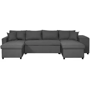 LOUNGITUDE Canapé d'angle panoramique OSLO convertible avec coffres et poufs à droite en tissu - Gris foncé pas cher