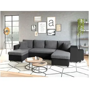 LOUNGITUDE Canapé panoramique OSLO convertible avec coffres, poufs à droite en simili noir et microfibre grise pas cher