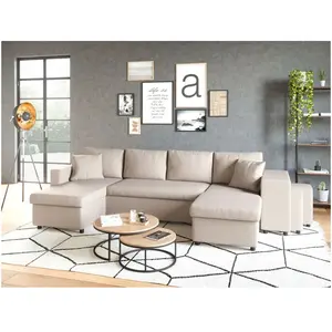 LOUNGITUDE Canapé d'angle panoramique OSLO convertible avec coffres et poufs à droite en tissu - Beige pas cher
