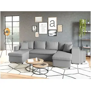 LOUNGITUDE Canapé d'angle panoramique OSLO convertible avec coffres et poufs à droite en tissu - Gris clair pas cher