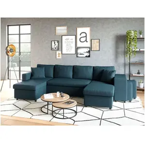 LOUNGITUDE Canapé d'angle panoramique OSLO convertible avec coffres et poufs à droite en tissu - Bleu pétrole pas cher