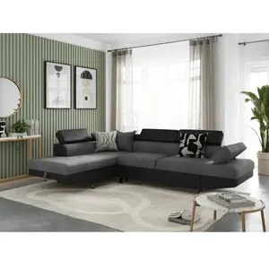 LOUNGITUDE Canapé d'angle RIO Convertible avec coffre en tissu et simili - Angle Gauche, Gris et Noir pas cher