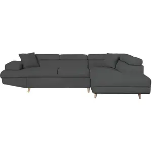 LOUNGITUDE Canapé d'angle droit convertible RIO Scandinave avec coffre en tissu - Gris foncé, Pieds bois