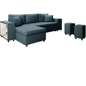 LOUNGITUDE Canapé d'angle MADY convertible avec coffre, accoudoir étagère et poufs droit en tissu bleu pas cher