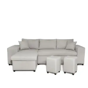 LOUNGITUDE Canapé d'angle convertible MADY avec coffre et poufs en tissu - Beige ... pas cher