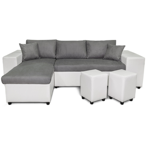 LOUNGITUDE Canapé d'angle MADY convertible avec coffre, accoudoir étagère et poufs en simili et microfibre - Blanc / Gris, Position du pas cher
