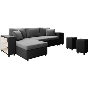 LOUNGITUDE Canapé d'angle convertible MADY avec coffre et poufs en simili et microfibre - Gris / Noir pas cher