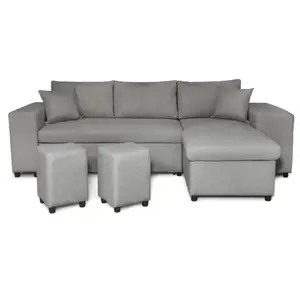LOUNGITUDE Canapé d'angle MADY convertible avec coffre, accoudoir étagère et poufs gauche en tissu gris clair pas cher