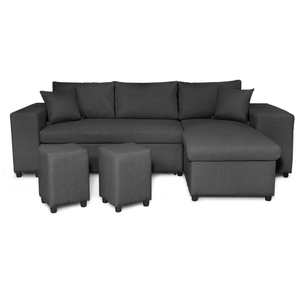 LOUNGITUDE Canapé d'angle convertible MADY avec coffre, étagère et poufs en tissu - Gris foncé pas cher