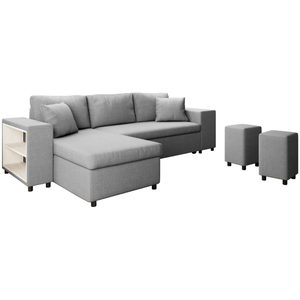 LOUNGITUDE Canapé d'angle MADY convertible avec coffre, accoudoir étagère et poufs en tissu - Gris clair pas cher