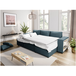 LOUNGITUDE Canapé d'angle MADY convertible avec coffre, accoudoir étagère et poufs gauche en tissu bleu pas cher