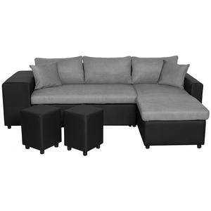 LOUNGITUDE Canapé d'angle OSLO convertible noir / gris avec coffre et poufs - Position du rangement poufs - Gauche pas cher