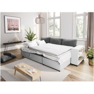 LOUNGITUDE Canapé d'angle MADY convertible avec coffre, accoudoir étagère et poufs en simili et microfibre - Blanc / Gris, Position du pas cher
