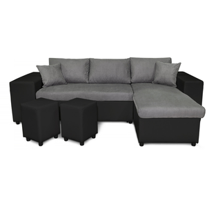 LOUNGITUDE Canapé d'angle convertible MADY avec coffre, étagère et poufs en simili et microfibre - Gris / Noir pas cher