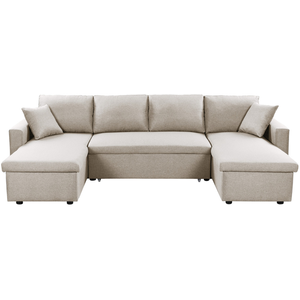 LOUNGITUDE Canapé d'Angle Panoramique MARIA Convertible en tissu - Beige - 6 places - Coffre de rangement pas cher