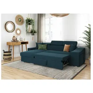 LOUNGITUDE Canapé d'Angle ELONA Convertible en tissu bleu pétrole avec poufs de rangement à droite pas cher
