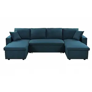 LOUNGITUDE Canapé d'Angle Panoramique MARIA Convertible en tissu - Bleu pétrole - 6 places - Coffre de rangement pas cher