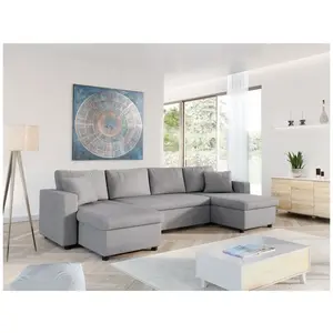 LOUNGITUDE Canapé d'Angle Panoramique MARIA Convertible en tissu - Gris - 140x230cm - Coffres de rangement pas cher