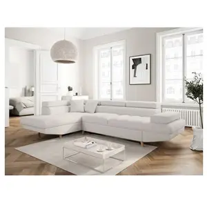 LOUNGITUDE Canapé d'angle gauche convertible RIO Scandinave avec coffre en tissu bouclettes - Blanc, Pieds bois pas cher