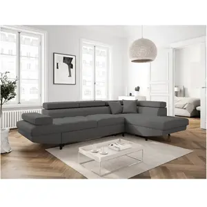 LOUNGITUDE Canapé d'angle convertible MATHIS avec coffre en tissu - Angle Droit,  Gris foncé, Pieds - Noir pas cher