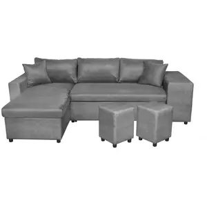 LOUNGITUDE Canapé d'angle OSLO convertible en microfibre grise avec coffre et poufs - Position du rangement poufs - Droit pas cher