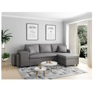 LOUNGITUDE Canapé d'angle OSLO convertible en microfibre grise avec coffre et poufs - Position du rangement poufs - Gauche pas cher