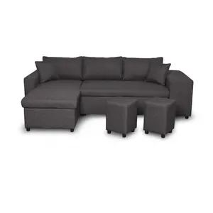 LOUNGITUDE Canapé d'angle gauche convertible - OSLO - Gris foncé - Coffre et poufs pas cher