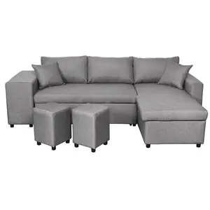 Canapé d'angle gauche convertible en lit Gris clair - LOUNGITUDE - OSLO - Coffre et poufs inclus pas cher