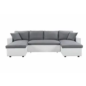 LOUNGITUDE Canapé d'Angle Panoramique MARIA Convertible Blanc-Gris - 6 places - Simili et microfibre - Coffre de rangement pas cher