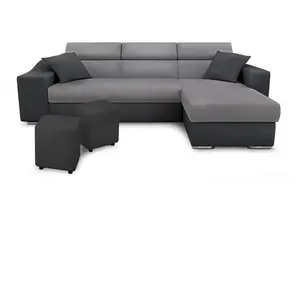 LOUNGITUDE Canapé d'angle ELONA convertible bi-matière Gris avec poufs de rangement à gauche pas cher