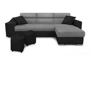 LOUNGITUDE Canapé d'angle ELONA convertible bi-matière Gris et Noir avec poufs de rangement à gauche pas cher