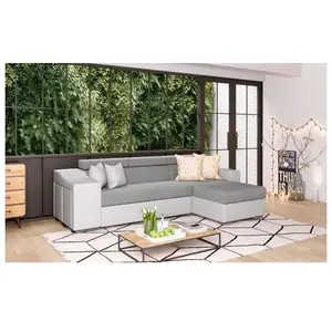 LOUNGITUDE Canapé d'angle convertible ELONA bi-matière Blanc/Gris avec poufs de r... pas cher