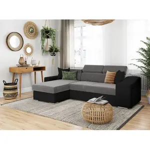 LOUNGITUDE Canapé d'angle ELONA convertible bi-matière Gris et Noir avec poufs de rangement à droite pas cher