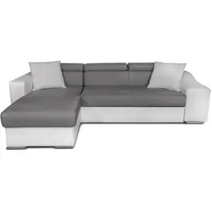 LOUNGITUDE Canapé d'angle ELONA convertible bi-matière Blanc et Gris avec poufs de rangement à droite pas cher