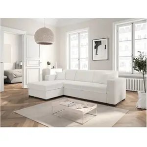 LOUNGITUDE Canapé d'angle FUJI XL convertible avec coffre en tissu bouclette - Angle gauche - Blanc pas cher
