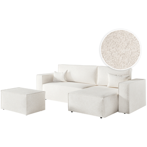 LOUNGITUDE PACK - CLARISSE - Canapé d'angle convertible réversible avec pouf en tissu bouclette - Blanc pas cher
