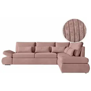 LOUNGITUDE Canapé d'angle réversible SEBASTIAN convertible avec coffre en velours côtelé - Vieux rose pas cher