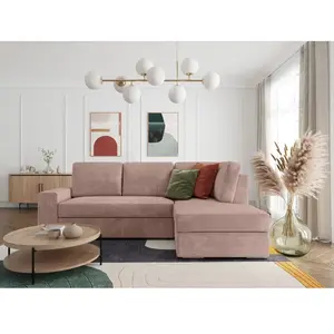 LOUNGITUDE ADEN - Canapé d'angle convertible avec coffre en velours côtelé - Angle droit - Vieux rose pas cher