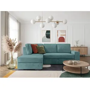 LOUNGITUDE ADEN - Canapé d'angle convertible avec coffre en velours côtelé - Angle gauche - Bleu clair pas cher