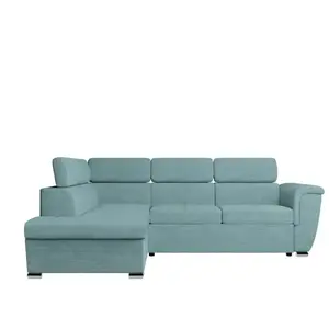 LOUNGITUDE Canapé d'angle PAOLA convertible avec coffre en velours côtelé - Angle gauche - Bleu clair pas cher