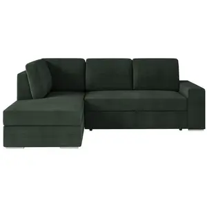 LOUNGITUDE Aden - Canapé D'angle Convertible Avec Coffre En Velours Côtelé - Angle Gauche - Vert Foncé