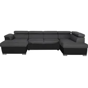 LOUNGITUDE Canapé panoramique convertible avec 2 coffres PAOLA en tissu et simili - Gris/Noir pas cher