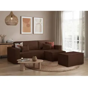 LOUNGITUDE PACK - CLARISSE - Canapé d'angle convertible réversible avec pouf en velours côtelé - Marron pas cher