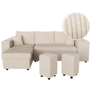 LOUNGITUDE Canapé d'angle MADY convertible avec coffre, rangement poufs à droite en velours côtelé beige pas cher