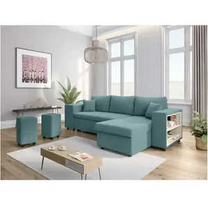 LOUNGITUDE Canapé d'angle MADY convertible avec coffre, rangement poufs à gauche en velours côtelé bleu clair pas cher